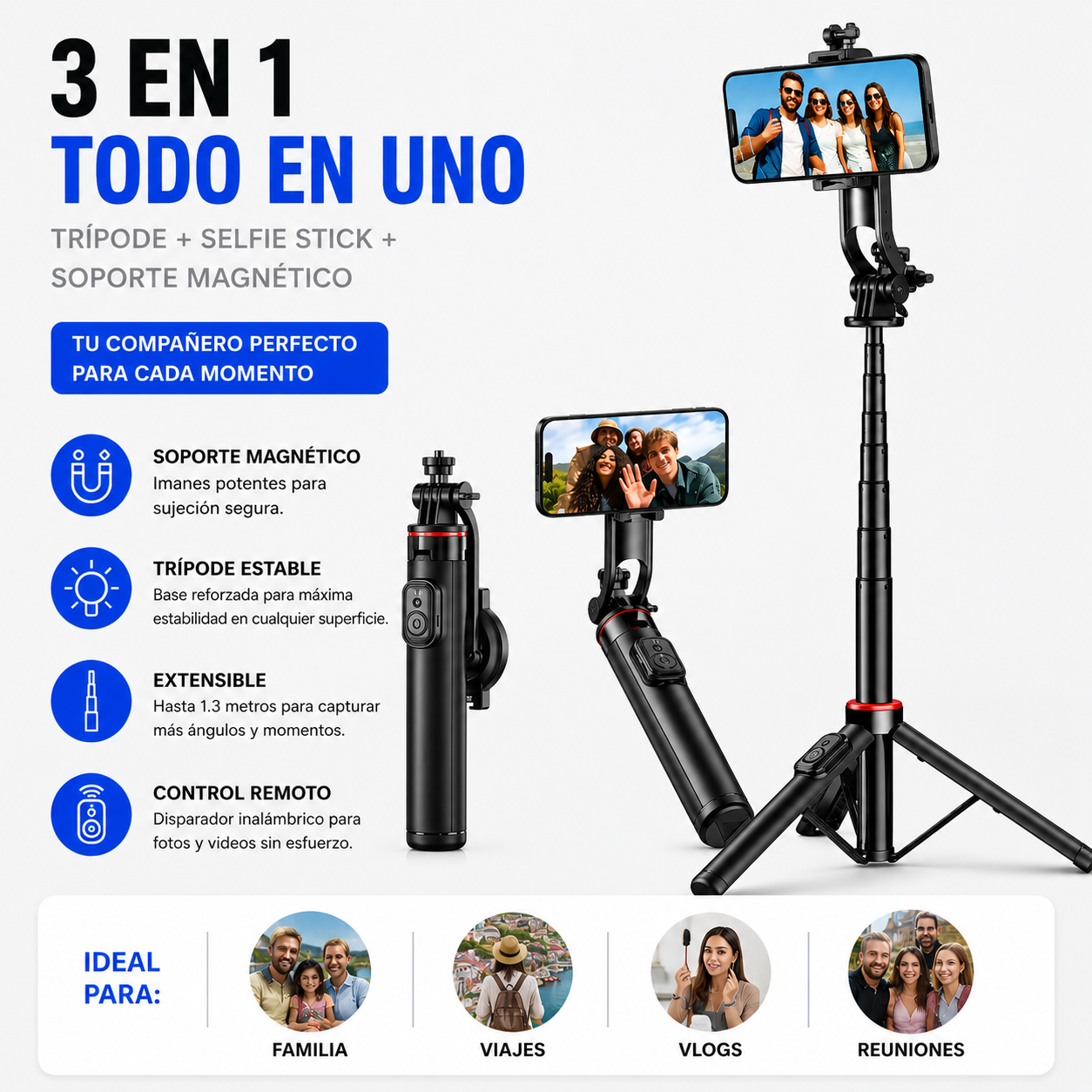 Trípode Magnético AIMA — MagSafe, Control Remoto Bluetooth y 131cm