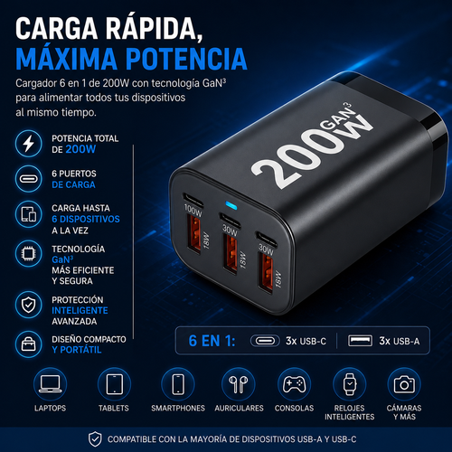 Cargador AIMA GaN3 200W — 6 Puertos en 1 ( USB-C + USB-A ) Carga Rápida