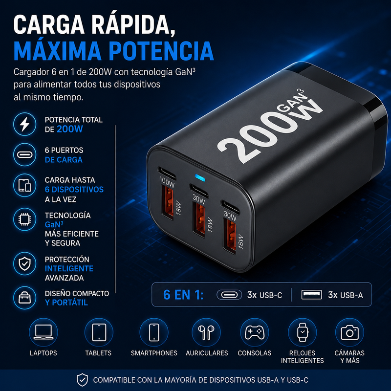 Cargador AIMA GaN3 200W — 6 Puertos en 1 ( USB-C + USB-A ) Carga Rápida
