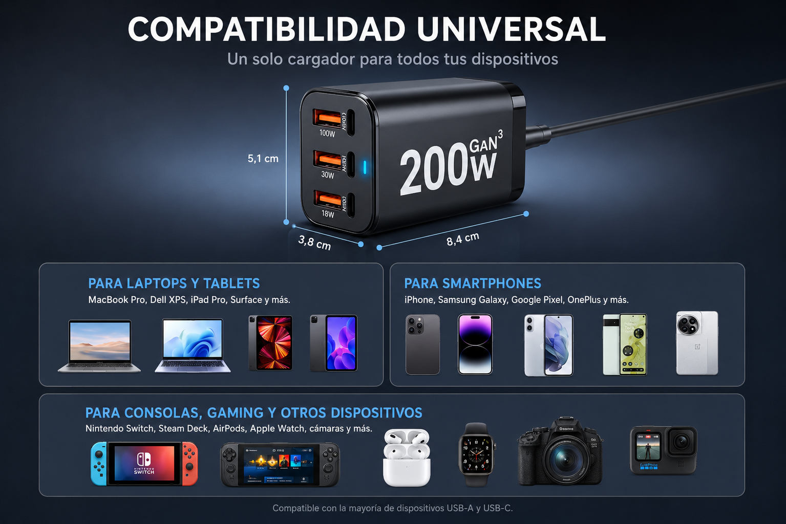 Cargador AIMA GaN3 200W — 6 Puertos en 1 ( USB-C + USB-A ) Carga Rápida
