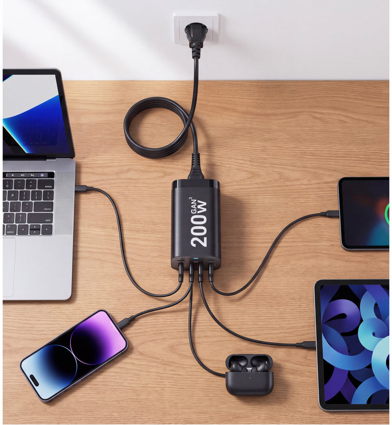 Cargador AIMA GaN3 200W — 6 Puertos en 1 ( USB-C + USB-A ) Carga Rápida
