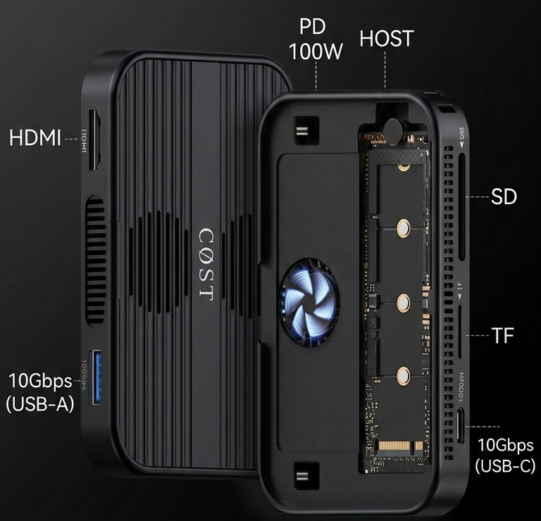AIMA Dock con sus puertos: HDMI, USB-A, USB-C, SD, TF, PD y host