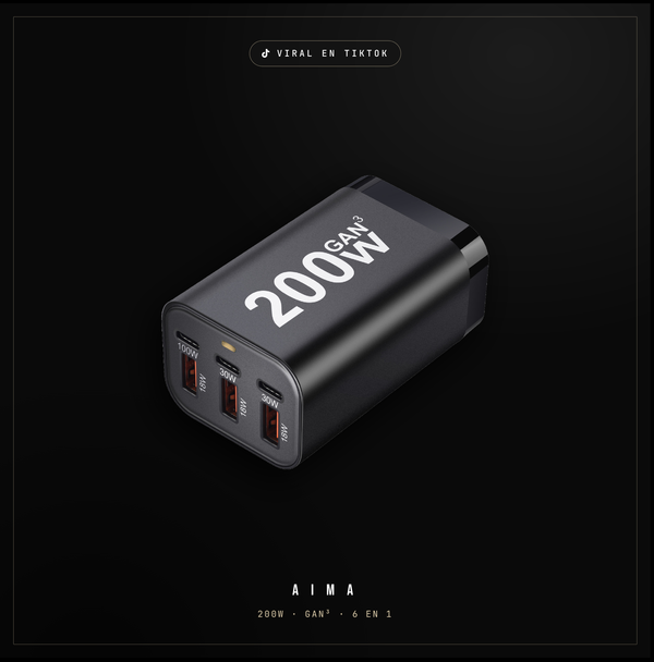 Cargador AIMA GaN3 200W — 6 Puertos en 1 ( USB-C + USB-A ) Carga Rápida