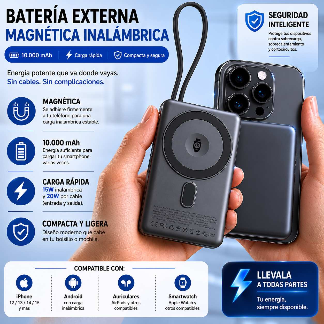 Power Bank Magnético 10.000 mah AIMA — MagSafe 15W, Soporte Integrado y Pantalla Digital