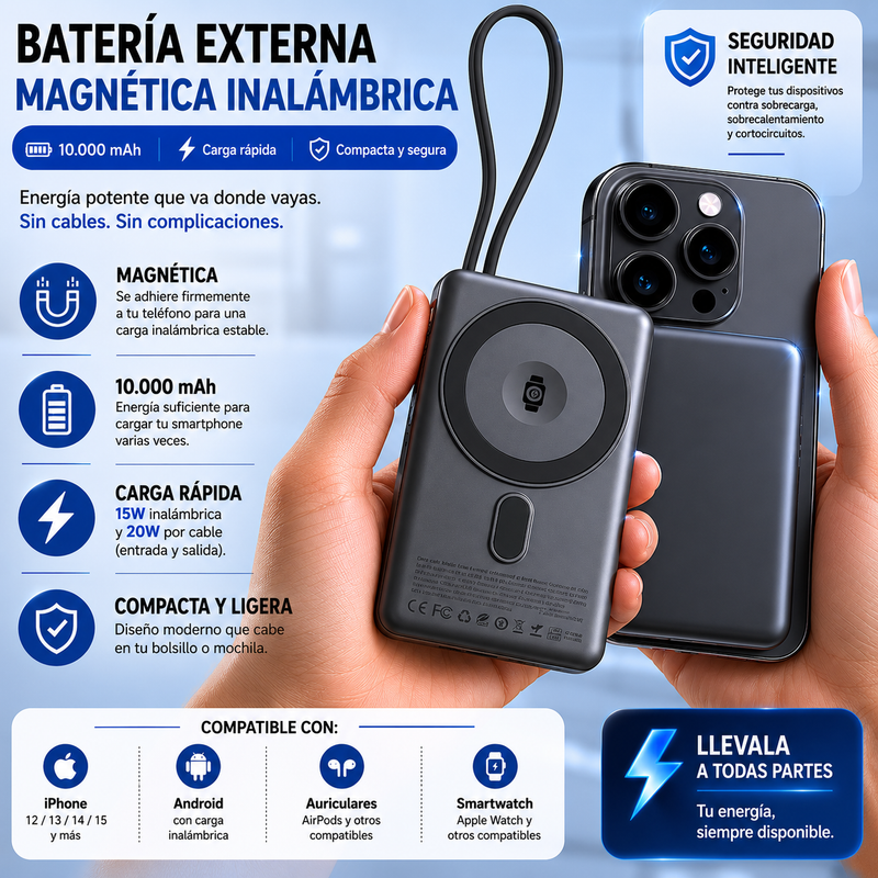 Power Bank Magnético 10.000 mah AIMA — MagSafe 15W, Soporte Integrado y Pantalla Digital